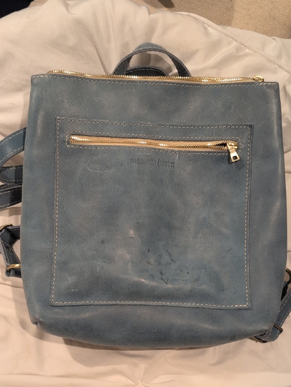 Women's Blue Leather Backpack with Gold Hardware